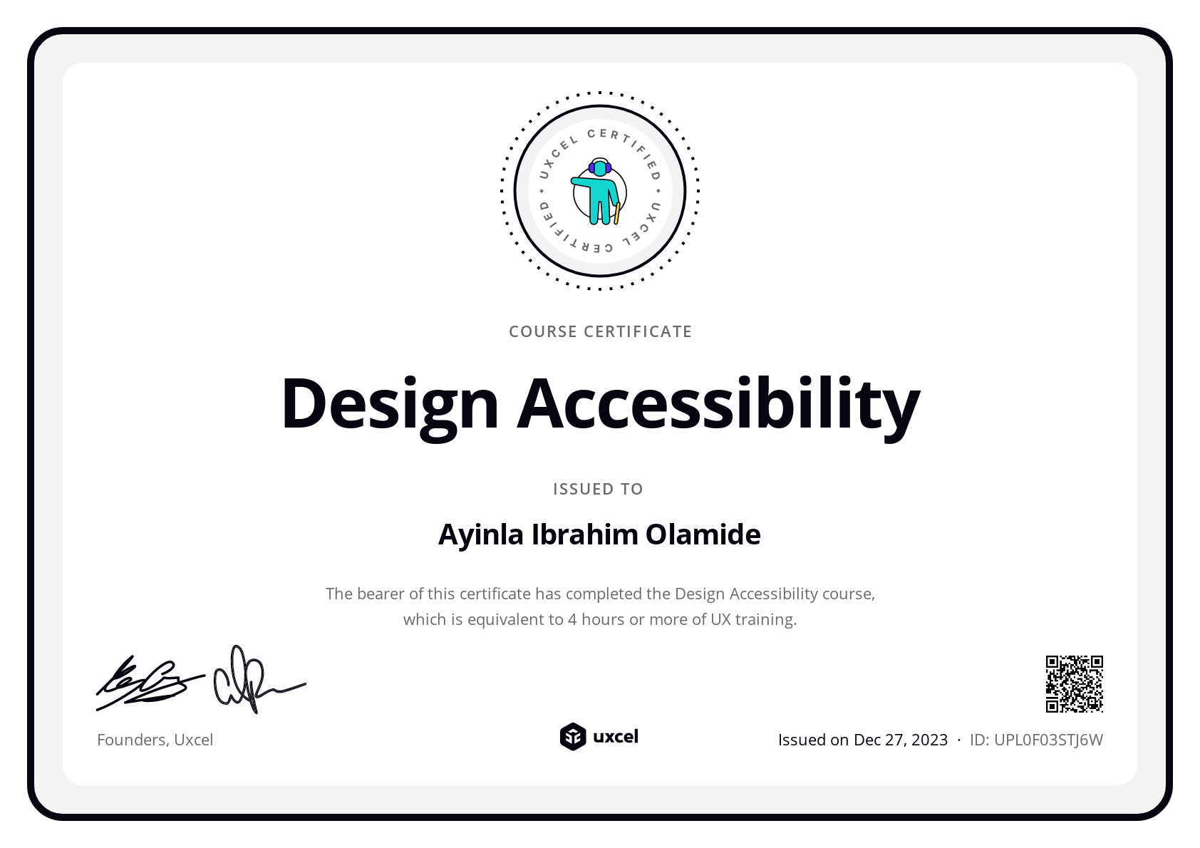 Ayinla Ibrahim Olamide's certificate